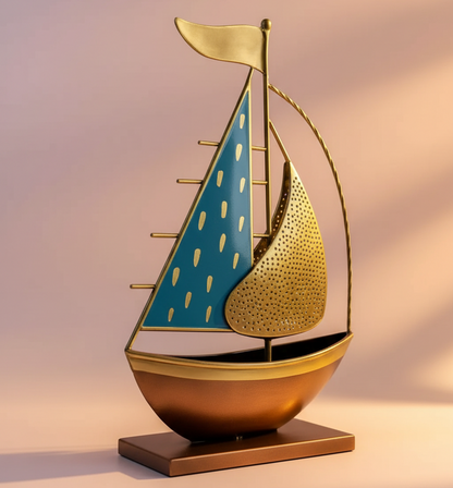 Metal Turkish Ship Boat Showpiece - Handcrafted Nautical Home Decor for Living Room & Desktop