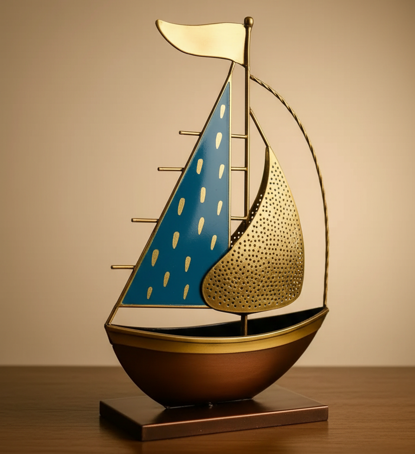 Metal Turkish Ship Boat Showpiece - Handcrafted Nautical Home Decor for Living Room & Desktop
