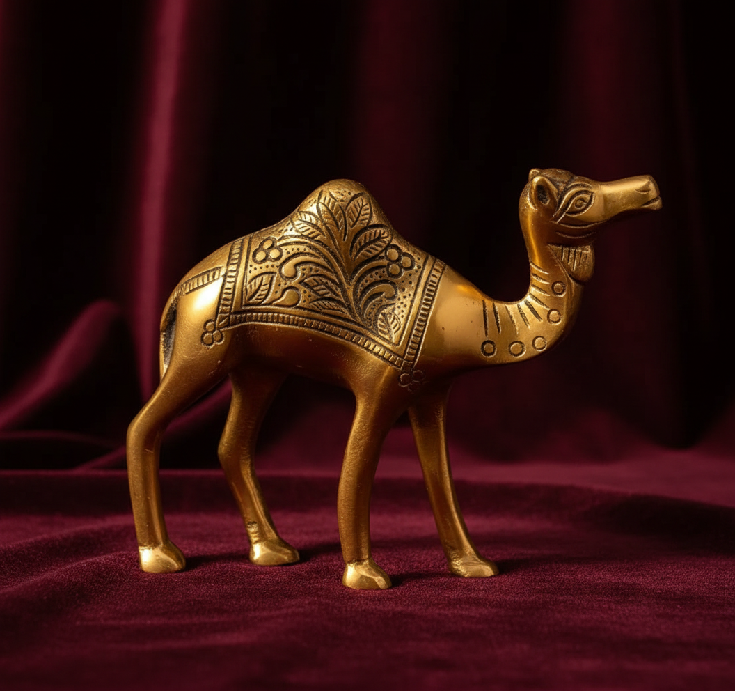 Handcrafted Golden Brass Camel Figurines Set - Traditional Rajasthani Home Decor