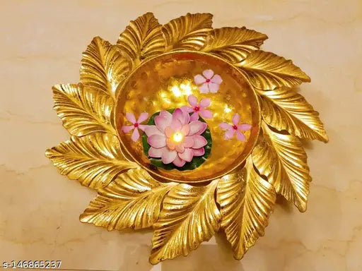 New Leaf Shape Metal Urli | Urli Bowl for Floating Flowers and Candles | Uruli for Home Décors | Urli for Diwali (Gold) 