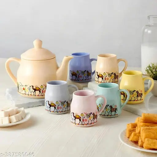 Kraphy Jaipuri Design Tea Coffee Mug Set of 7 Ceramic Mugs 