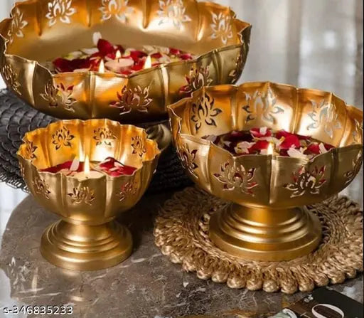 Kraphy Lotus Urli Bowl for Home Decor Gold Decorative Bowl for Floating Flowers and Candles Entrance Centre | Urli Set for Home Decor | Color- Gold (Pack of 3) 