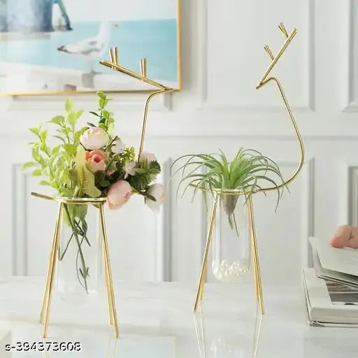 Kraphys India Glass Planter Holder Deer |Glass Pot| Glass Flower Pot| Glass Flower Round Vase Handmade for Decorate House (Set of 2) (Gold) 