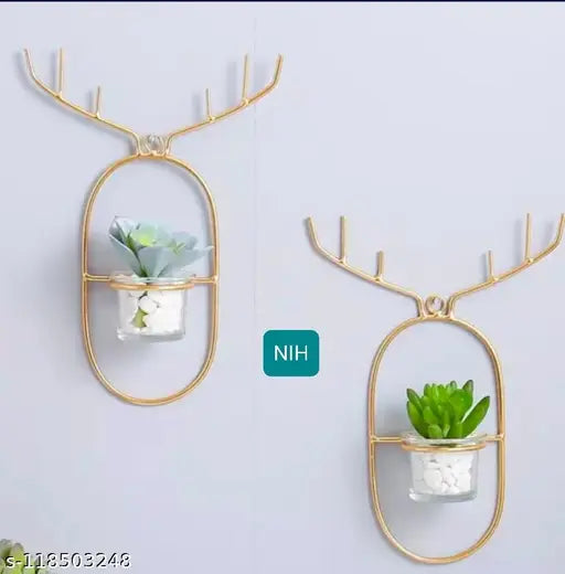 Kraphy Deer Design Wall Mounted Gold Finish With Glasses For Home Decor Iron Vase 