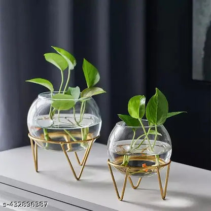 Glass Hydroponic Medium Vase in Metal Stand Candle Holder (Set of 2) 
