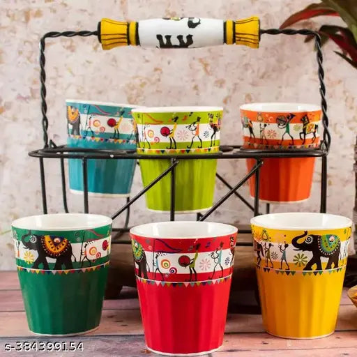 Kraphy Handcrafted Ceramic Multicolor Tribal Art Microwave Safe Chai/Tea Glasses/Serving Tea Kullad Cups Set With Stand Best Gift for Friends, Anniversary, Birthday 